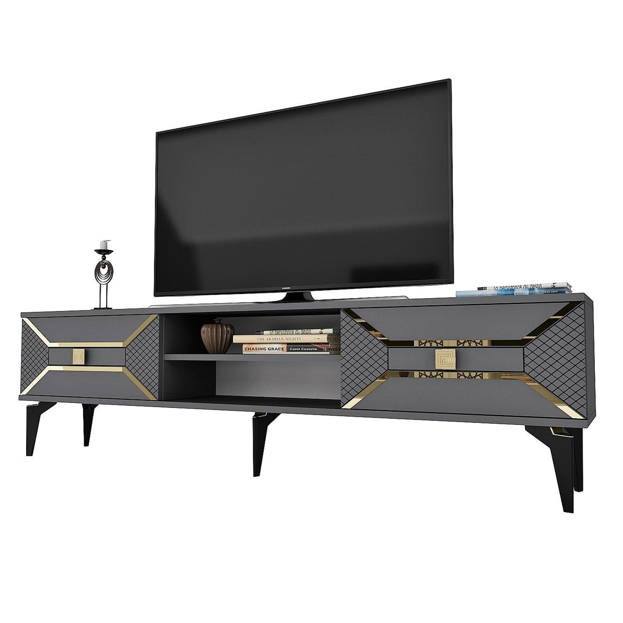 Comodă TV Yumedi, Diverse culori, 150x30x50 cm - Antracit - Auriu | SKU: 475OLV1158 | Comodă TV Yumedi, 150x30x50 cm, varianta Antracit - Auriu, produs pentru amenajarea locuinței, disponibil online în România la CasaMob