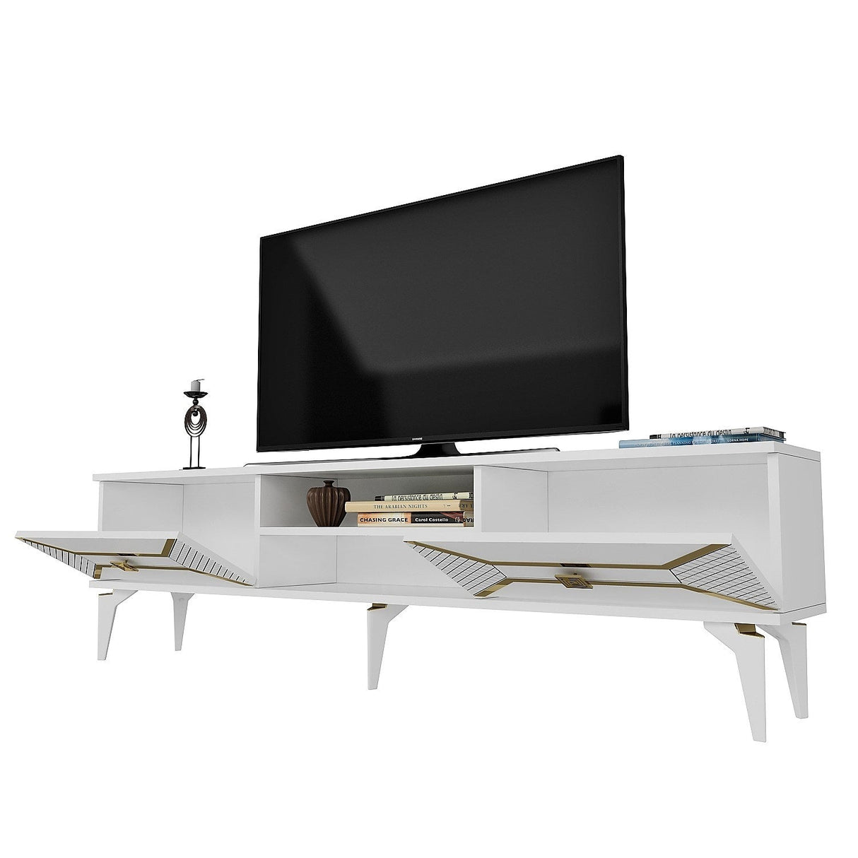 Comodă TV Yumedi, Diverse culori, 150x30x50 cm - Alb - Auriu | SKU: 475OLV1160 | Comodă TV Yumedi, 150x30x50 cm, varianta Alb - Auriu, produs pentru amenajarea locuinței, disponibil online în România la CasaMob
