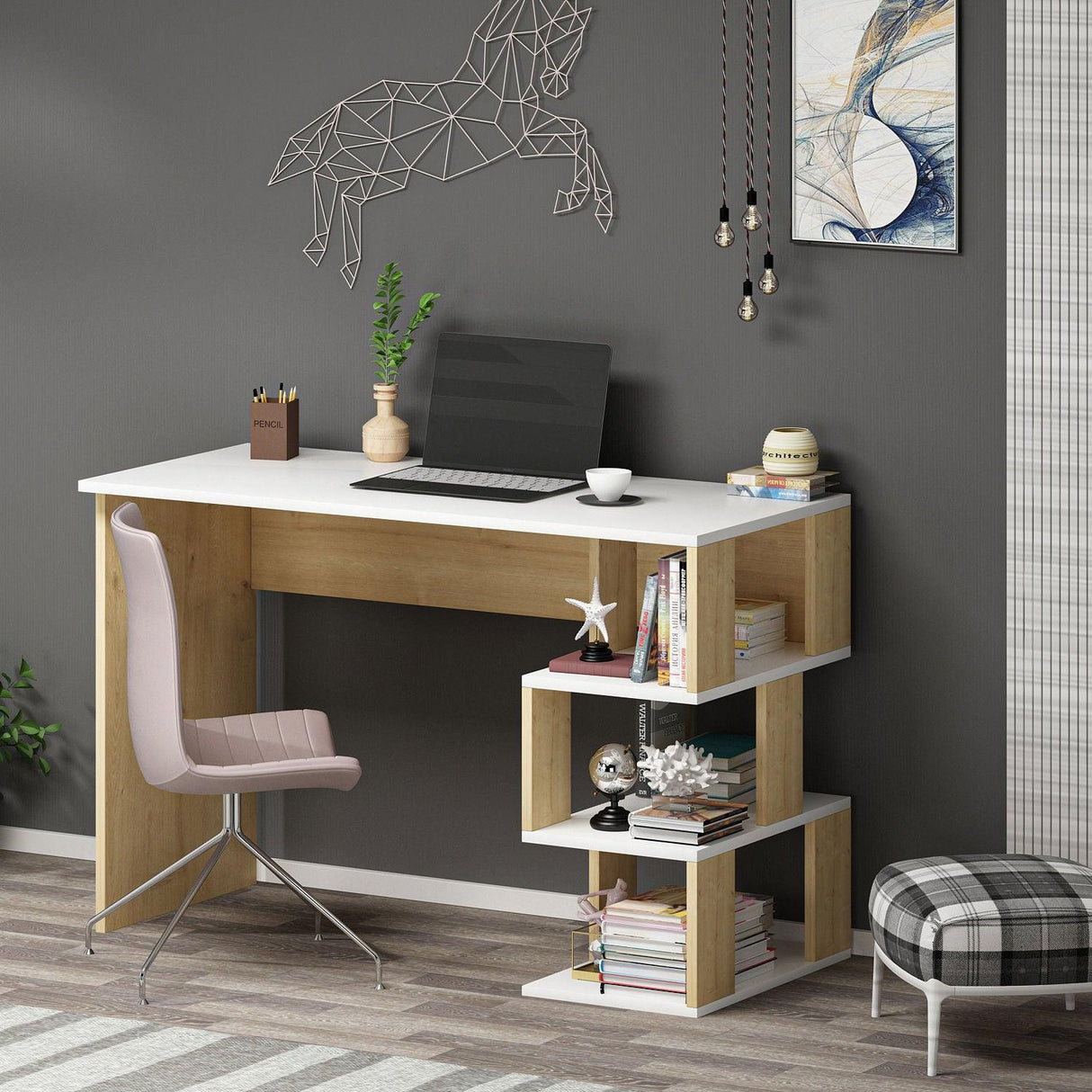 Birou Dardanos, Diverse culori, 110x50x74 cm - Alb - Stejar safir | SKU: 475OLV1208 | Birou Dardanos, 110x50x74 cm, varianta Alb - Stejar safir, produs pentru amenajarea locuinței, disponibil online în România la CasaMob
