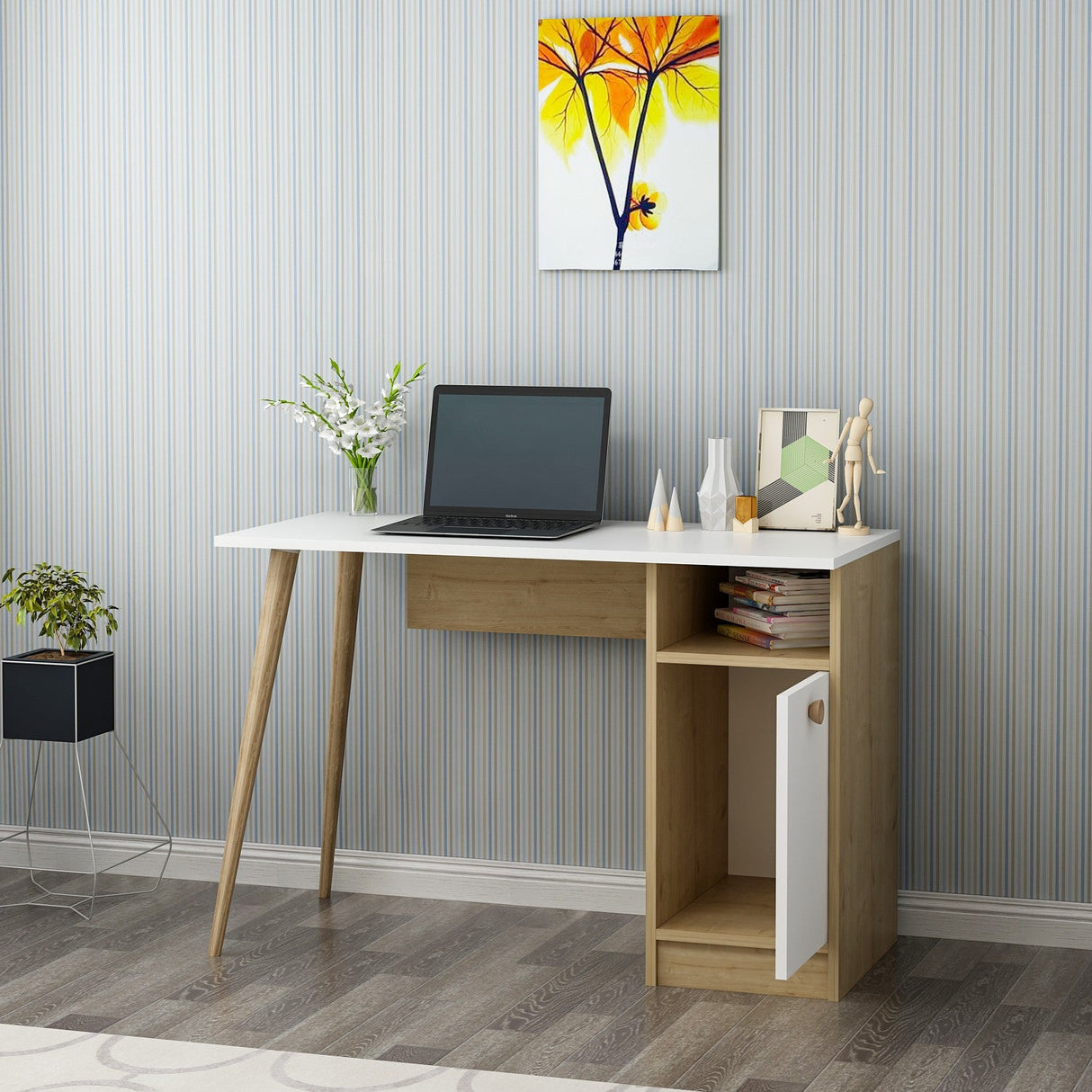 Birou Cannas, Diverse culori, 110x50x74 cm - Alb - Stejar safir | SKU: 475OLV1210 | Birou Cannas, 110x50x74 cm, varianta Alb - Stejar safir, produs pentru amenajarea locuinței, disponibil online în România la CasaMob