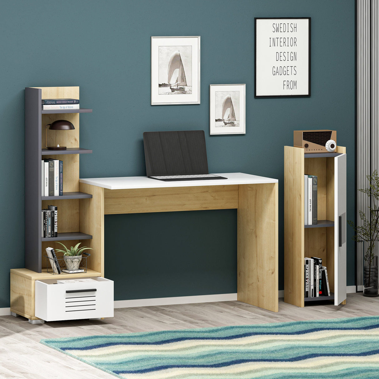 Birou Dawn, Diverse culori, 120x60x72 cm - Stejar safir - Alb - Antracit | SKU: 475OLV1215 | Birou Dawn, 120x60x72 cm, varianta Stejar safir - Alb - Antracit, produs pentru amenajarea locuinței, disponibil online în România la CasaMob