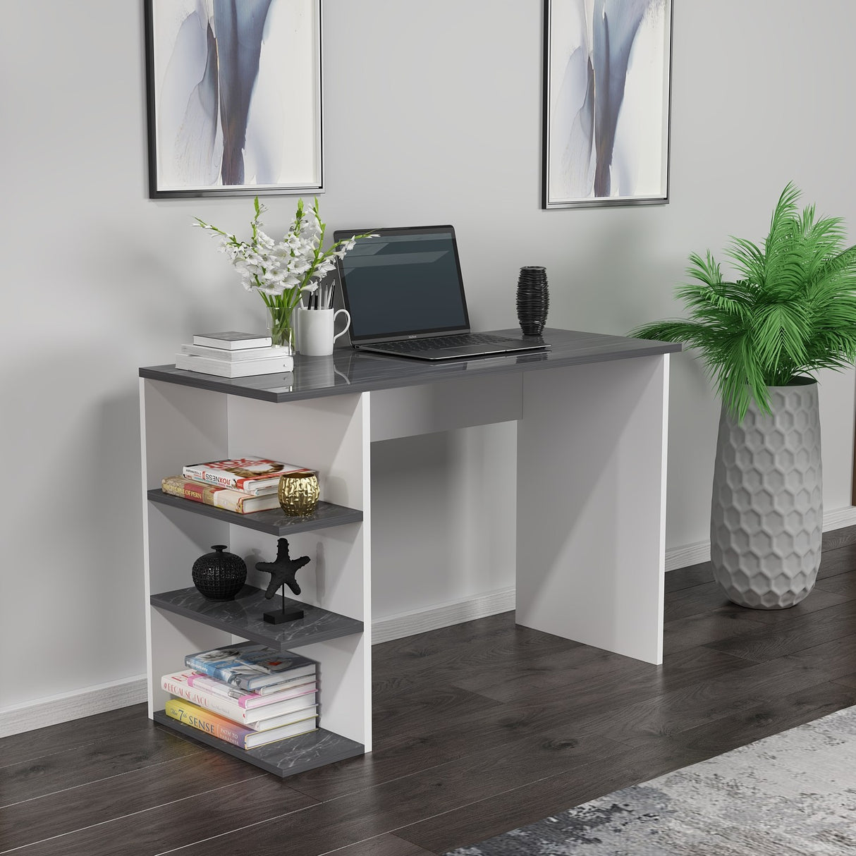 Birou Dora Marble, White, Negru - Alb, 110x45x72 cm