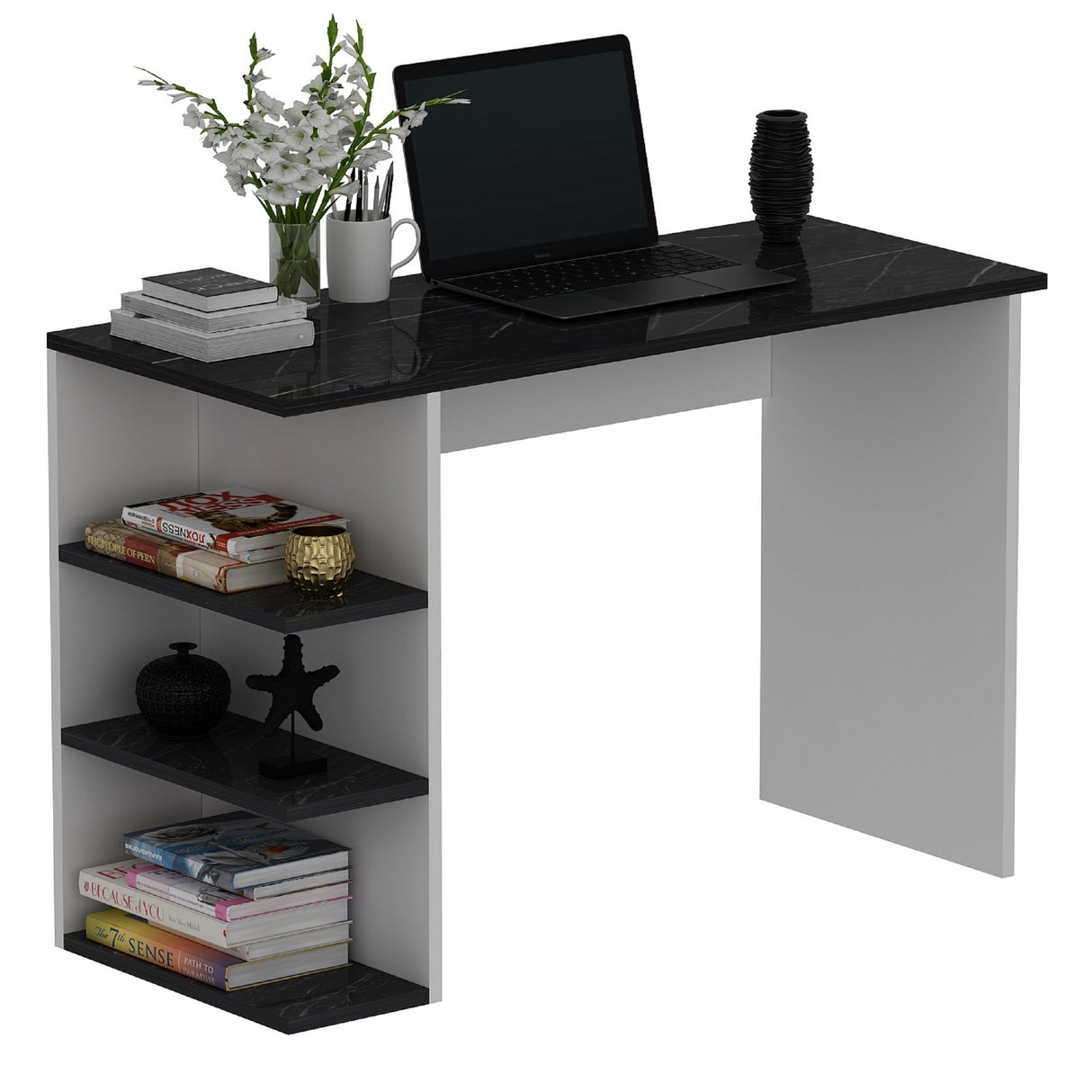 Birou Dora Marble, White, Negru - Alb, 110x45x72 cm