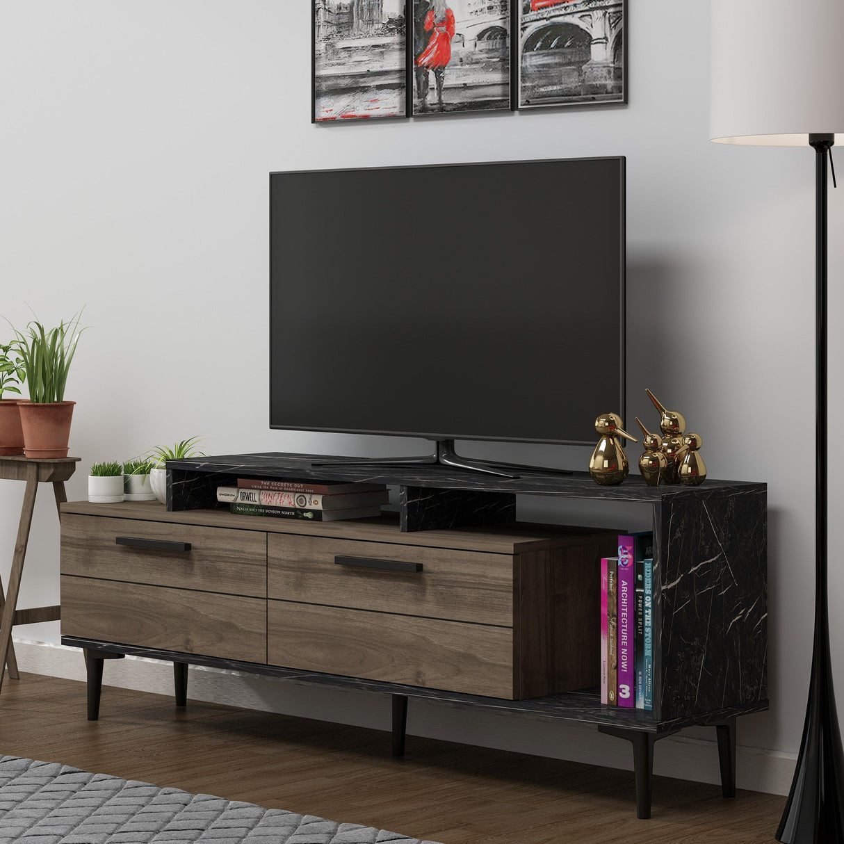 Comodă TV Niva, Diverse culori, 150x31x54 cm - Nuc - Black marble | SKU: 475OLV1402 | Comodă TV Niva, 150x31x54 cm, varianta Nuc - Black marble, produs pentru amenajarea locuinței, disponibil online în România la CasaMob