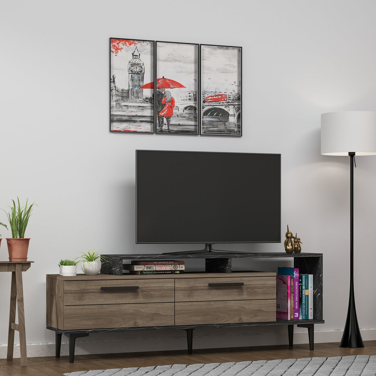 Comodă TV Niva, Diverse culori, 150x31x54 cm - Nuc - Black marble | SKU: 475OLV1402 | Comodă TV Niva, 150x31x54 cm, varianta Nuc - Black marble, produs pentru amenajarea locuinței, disponibil online în România la CasaMob