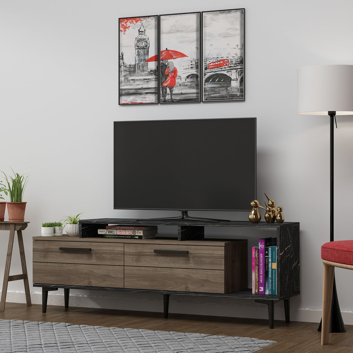 Comodă TV Niva, Diverse culori, 150x31x54 cm - Nuc - Black marble | SKU: 475OLV1402 | Comodă TV Niva, 150x31x54 cm, varianta Nuc - Black marble, produs pentru amenajarea locuinței, disponibil online în România la CasaMob