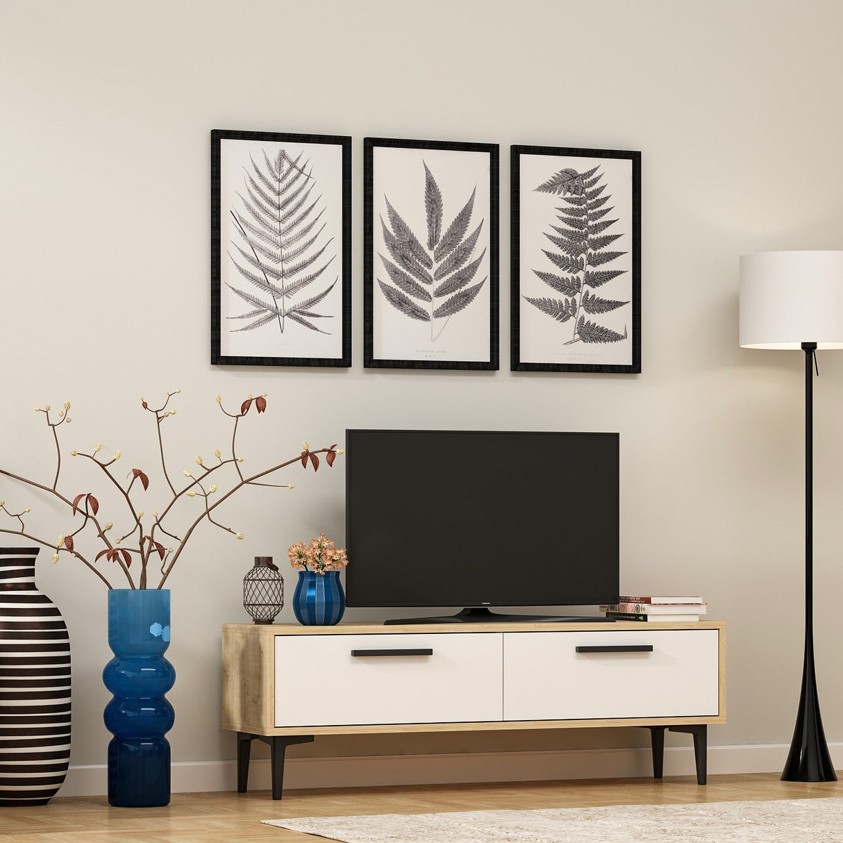 Comodă TV Leni, Diverse culori, 120x30x45 cm - Stejar safir - Alb | SKU: 475OLV1406 | Comodă TV Leni, 120x30x45 cm, varianta Stejar safir - Alb, produs pentru amenajarea locuinței, disponibil online în România la CasaMob