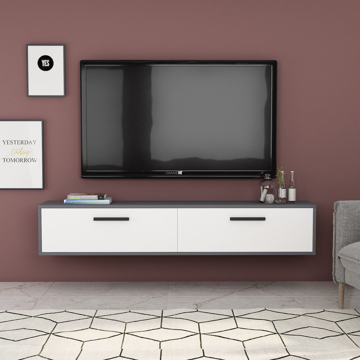 Comodă TV Inel, Diverse culori, 150x30x45 cm - Antracit - Alb | SKU: 475OLV1419 | Comodă TV Inel, 150x30x45 cm, varianta Antracit - Alb, produs pentru amenajarea locuinței, disponibil online în România la CasaMob