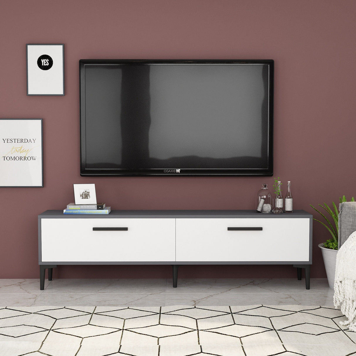 Comodă TV Inel, Diverse culori, 150x30x45 cm - Antracit - Alb | SKU: 475OLV1419 | Comodă TV Inel, 150x30x45 cm, varianta Antracit - Alb, produs pentru amenajarea locuinței, disponibil online în România la CasaMob