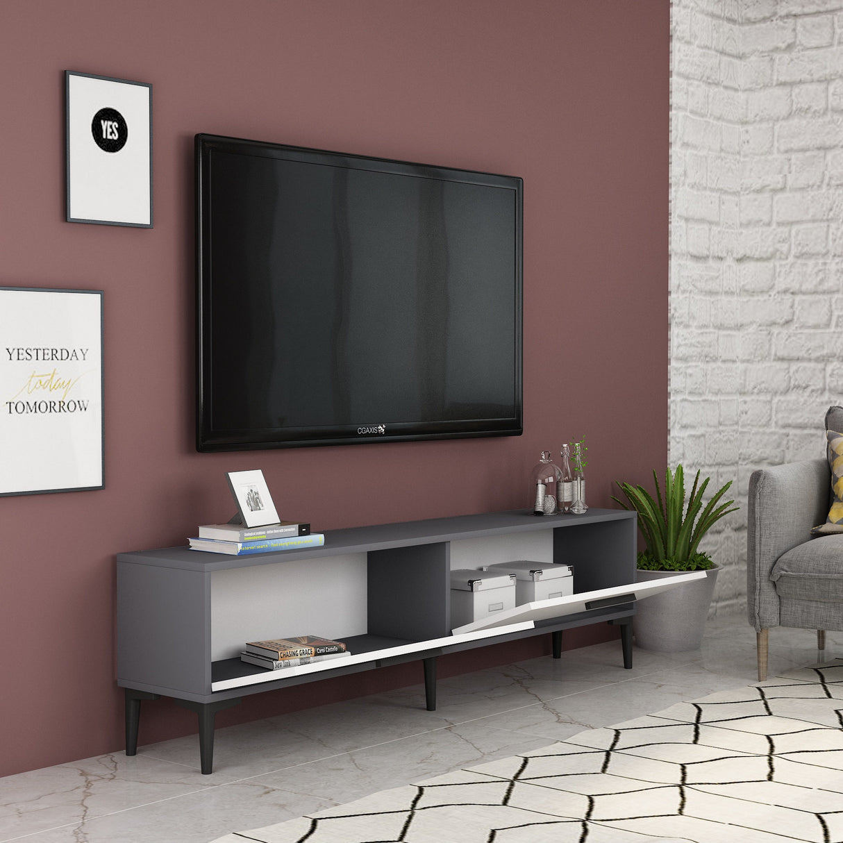 Comodă TV Inel, Diverse culori, 150x30x45 cm - Antracit - Alb | SKU: 475OLV1419 | Comodă TV Inel, 150x30x45 cm, varianta Antracit - Alb, produs pentru amenajarea locuinței, disponibil online în România la CasaMob