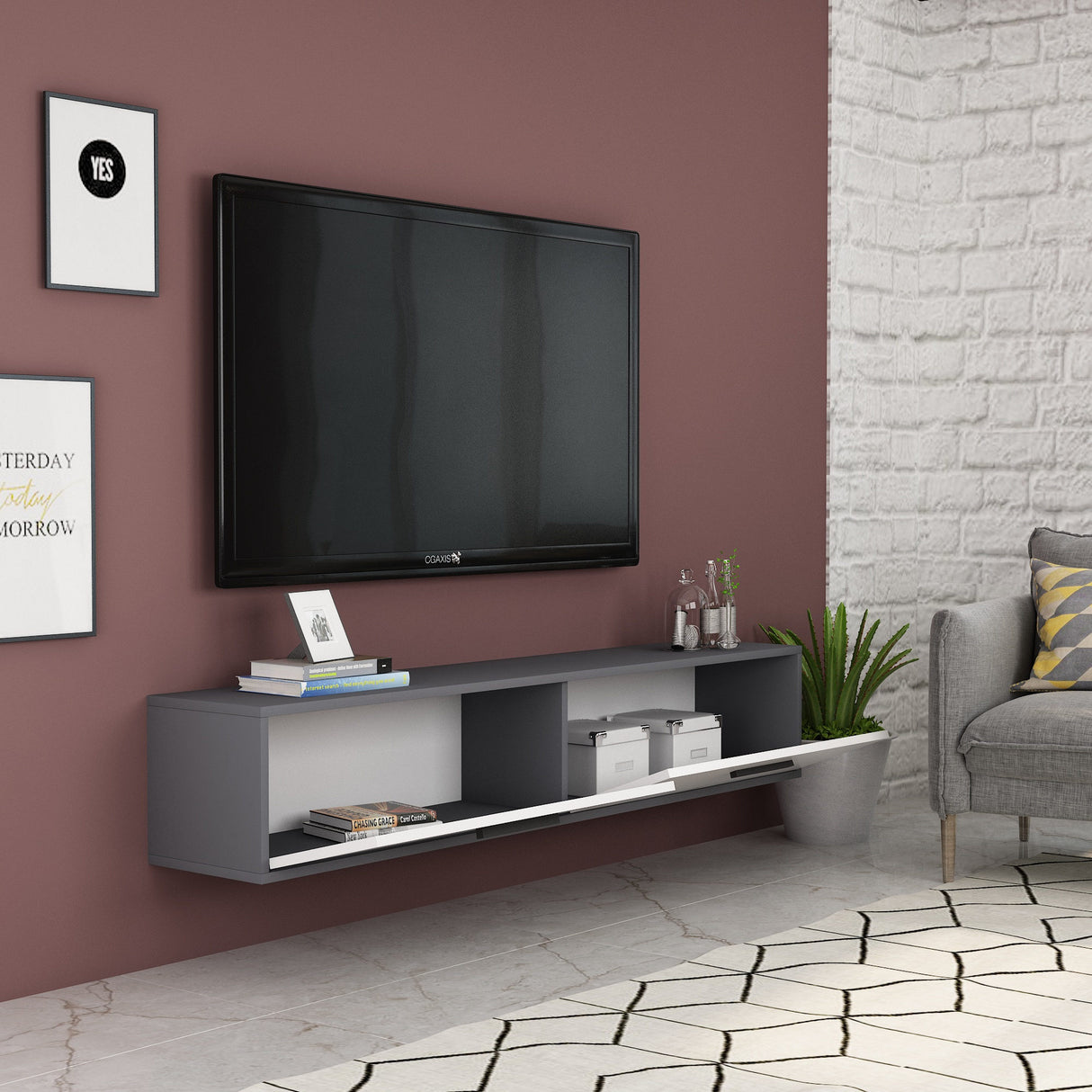 Comodă TV Inel, Diverse culori, 150x30x45 cm - Antracit - Alb | SKU: 475OLV1419 | Comodă TV Inel, 150x30x45 cm, varianta Antracit - Alb, produs pentru amenajarea locuinței, disponibil online în România la CasaMob