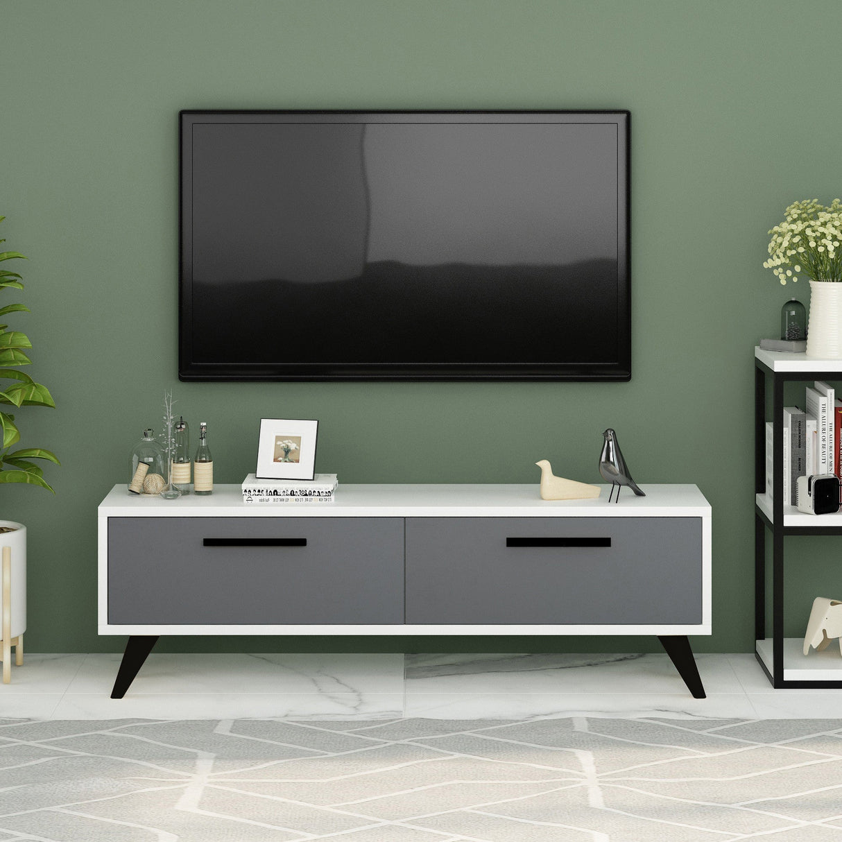 Comodă TV Melisa, Diverse culori, 120x30x45 cm - Alb - Antracit | SKU: 475OLV1427 | Comodă TV Melisa, 120x30x45 cm, varianta Alb - Antracit, produs pentru amenajarea locuinței, disponibil online în România la CasaMob