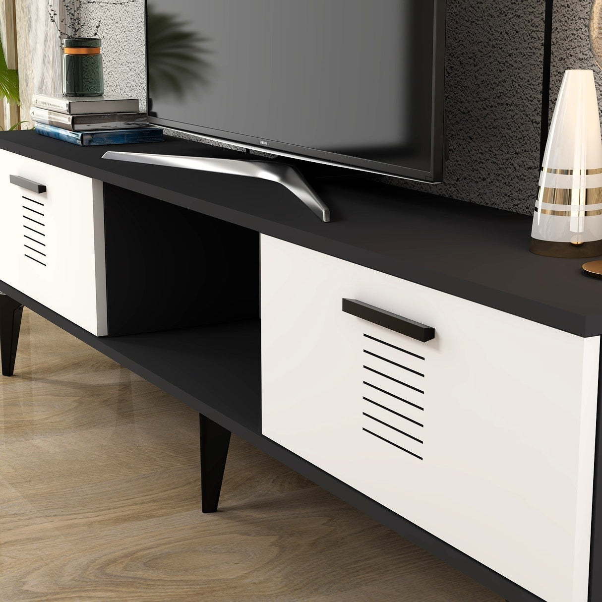 Comodă TV Asimo, Diverse culori, 150x30x45 cm - Antracit - Alb | SKU: 475OLV1428 | Comodă TV Asimo, 150x30x45 cm, varianta Antracit - Alb, produs pentru amenajarea locuinței, disponibil online în România la CasaMob