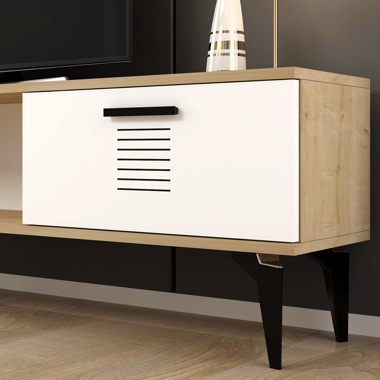 Comodă TV Asimo, Diverse culori, 150x30x45 cm - Stejar safir - Alb | SKU: 475OLV1430 | Comodă TV Asimo, 150x30x45 cm, varianta Stejar safir - Alb, produs pentru amenajarea locuinței, disponibil online în România la CasaMob