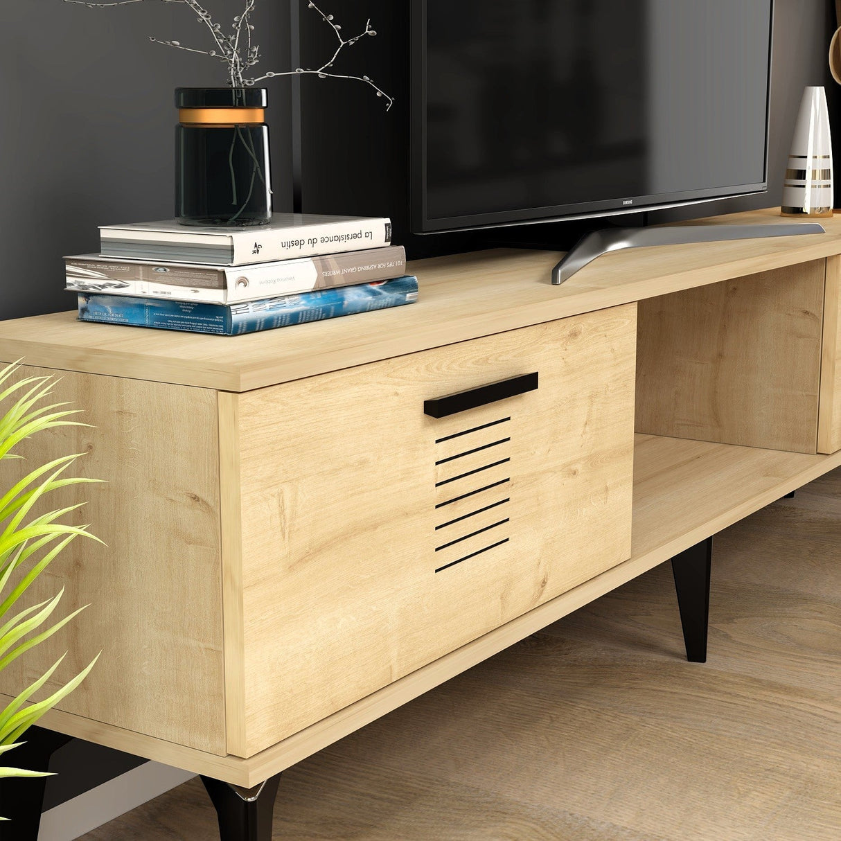 Comodă TV Asimo, Diverse culori, 150x30x45 cm - Stejar safir | SKU: 475OLV1431 | Comodă TV Asimo, 150x30x45 cm, varianta Stejar safir, produs pentru amenajarea locuinței, disponibil online în România la CasaMob