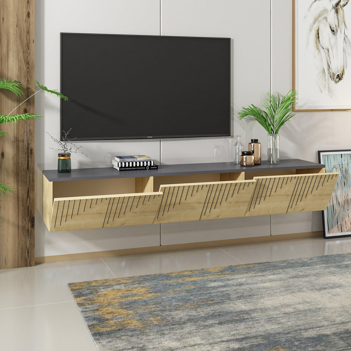 Comodă TV Artemis, Diverse culori, 180x37x45 cm - Stejar safir - Antracit | SKU: 475OLV1463 | Comodă TV Artemis, 180x37x45 cm, varianta Stejar safir - Antracit, produs pentru amenajarea locuinței, disponibil online în România la CasaMob
