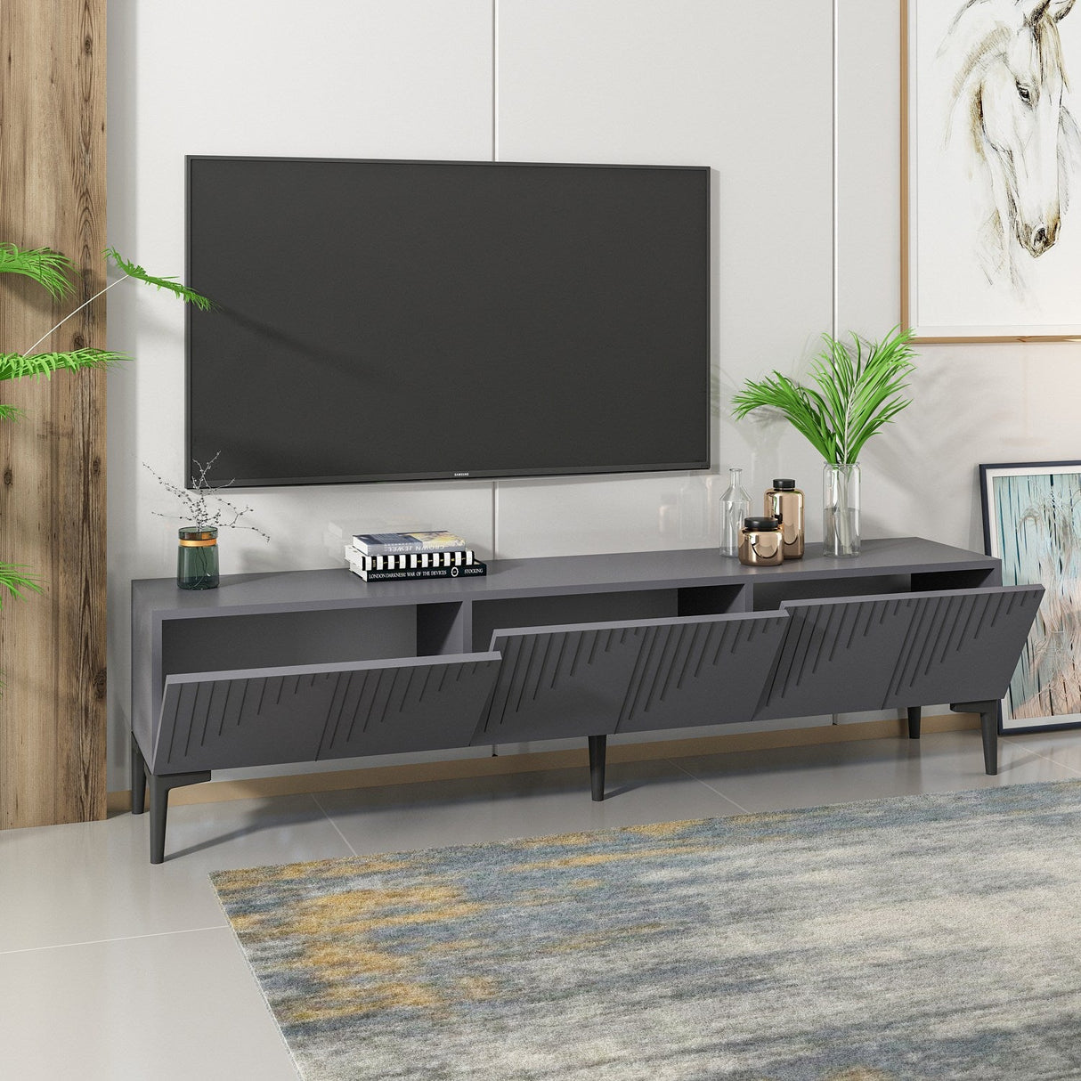 Comodă TV Artemis, Diverse culori, 180x37x45 cm - Antracit | SKU: 475OLV1461 | Comodă TV Artemis, 180x37x45 cm, varianta Antracit, produs pentru amenajarea locuinței, disponibil online în România la CasaMob
