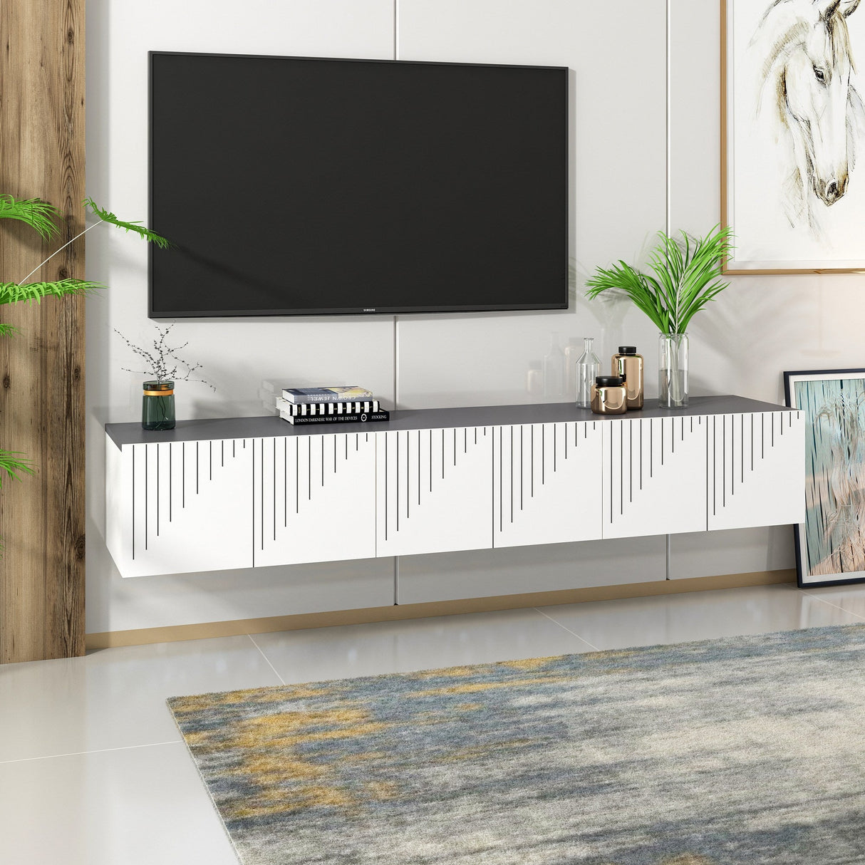 Comodă TV Artemis, Diverse culori, 180x37x45 cm - Alb - Antracit | SKU: 475OLV1462 | Comodă TV Artemis, 180x37x45 cm, varianta Alb - Antracit, produs pentru amenajarea locuinței, disponibil online în România la CasaMob