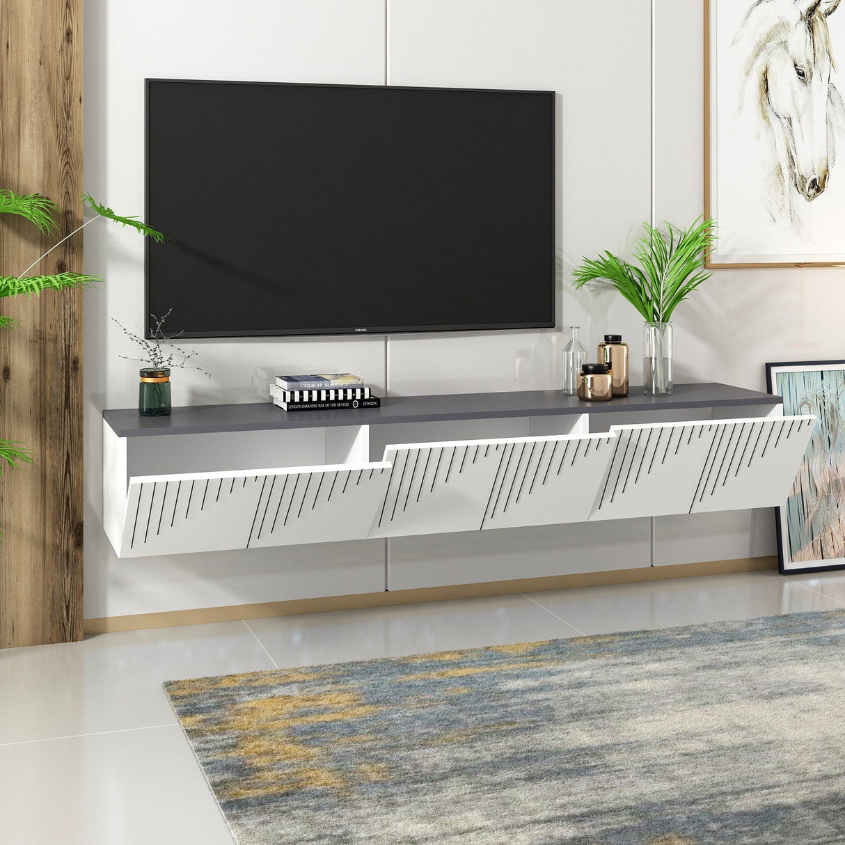 Comodă TV Artemis, Diverse culori, 180x37x45 cm - Alb - Antracit | SKU: 475OLV1462 | Comodă TV Artemis, 180x37x45 cm, varianta Alb - Antracit, produs pentru amenajarea locuinței, disponibil online în România la CasaMob