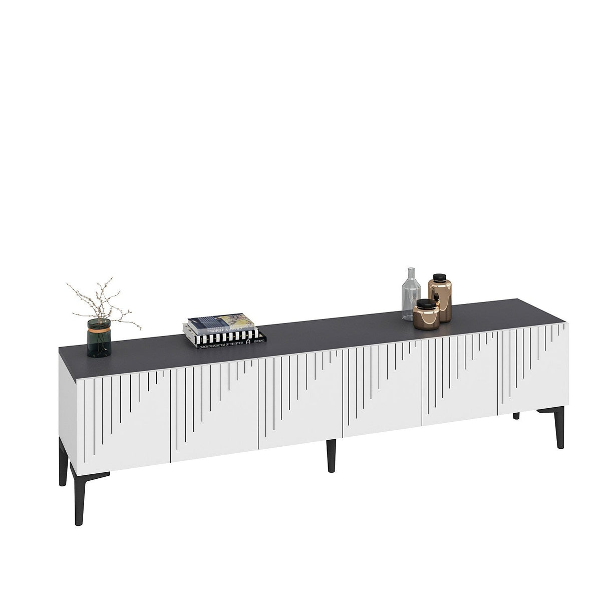 Comodă TV Artemis, Diverse culori, 180x37x45 cm - Alb - Antracit | SKU: 475OLV1462 | Comodă TV Artemis, 180x37x45 cm, varianta Alb - Antracit, produs pentru amenajarea locuinței, disponibil online în România la CasaMob