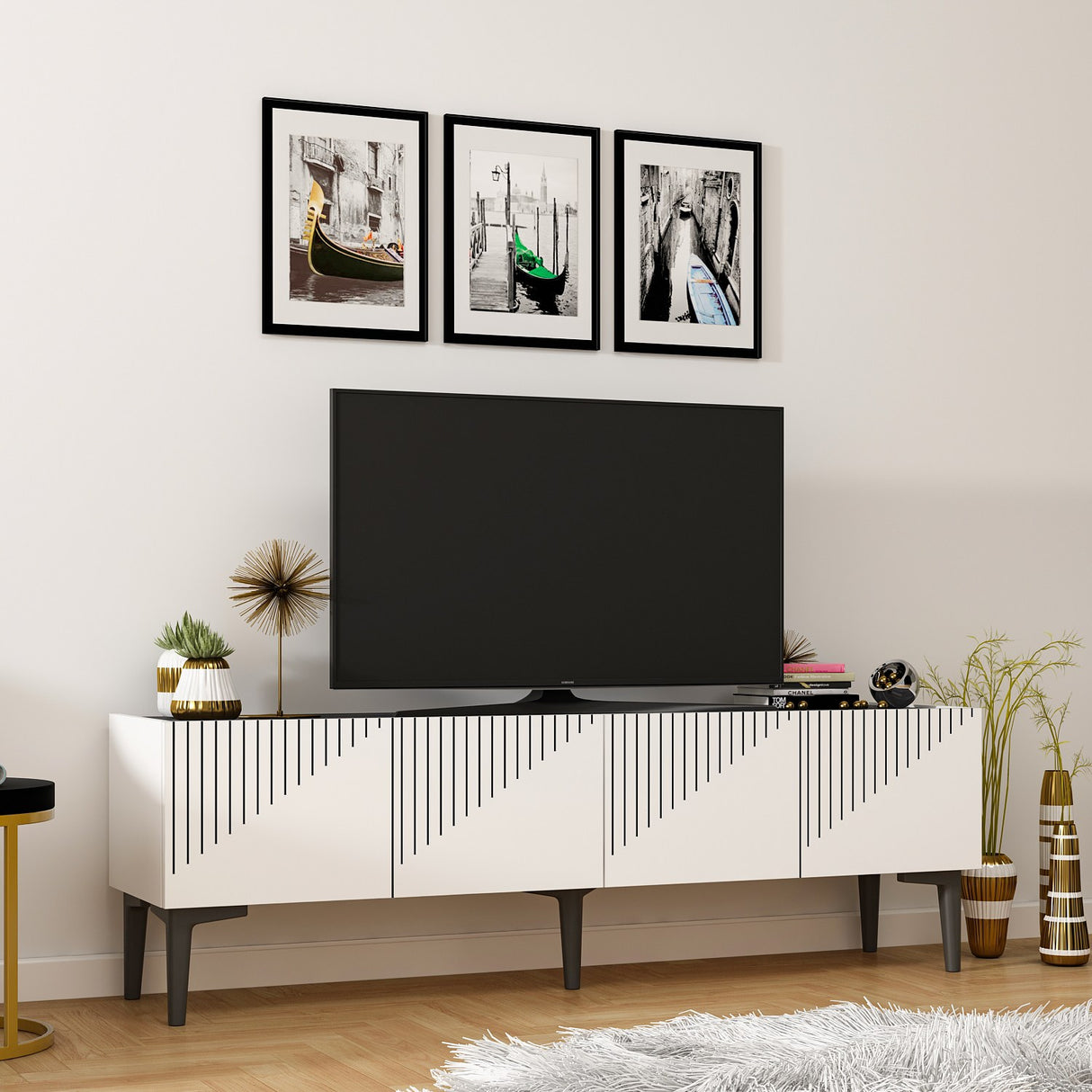 Comodă TV Draw - White, Black Marble, Alb - Negru, 154x37x45 cm
