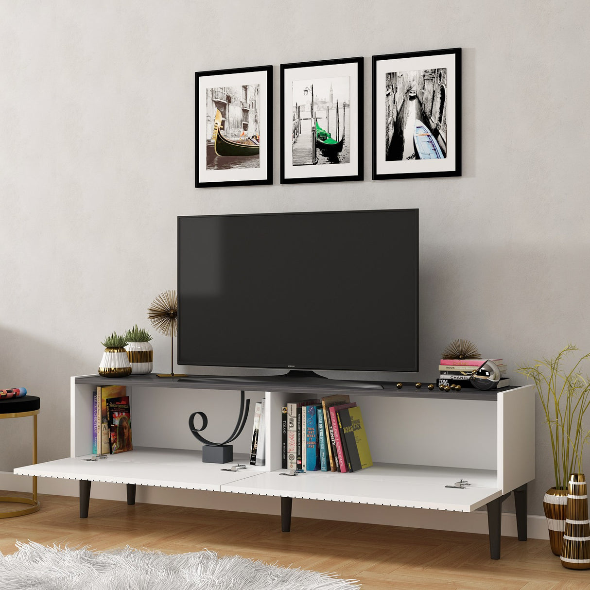Comodă TV Draw - White, Black Marble, Alb - Negru, 154x37x45 cm