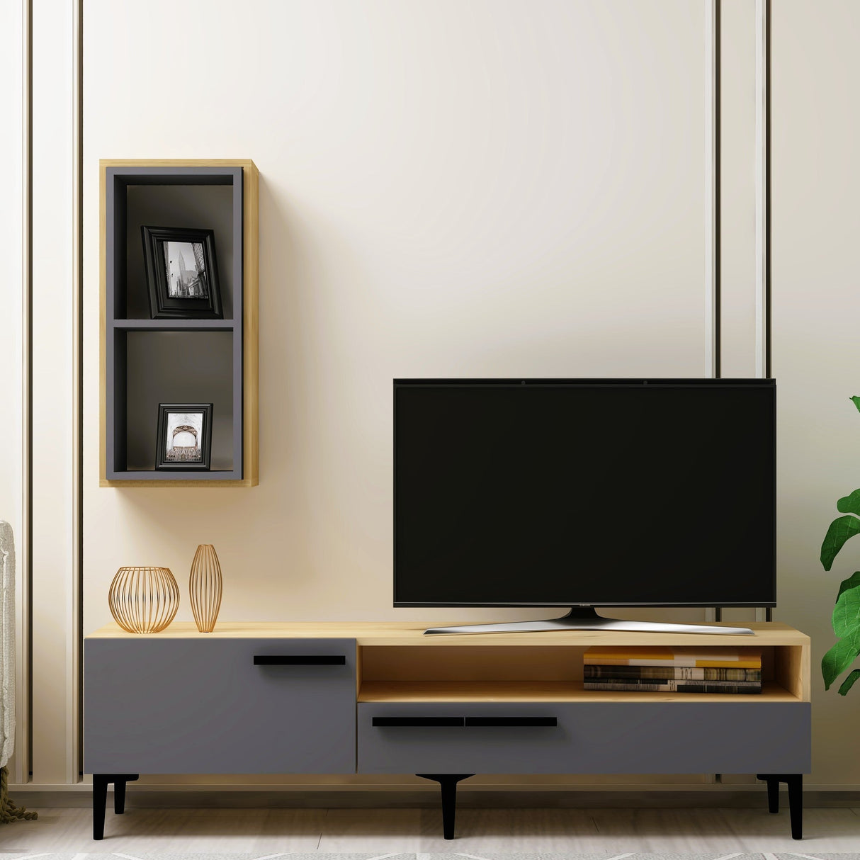 Comodă TV Zera, Diverse culori, 150x35x50 cm - Stejar safir - Antracit | SKU: 475OLV1466 | Comodă TV Zera, 150x35x50 cm, varianta Stejar safir - Antracit, produs pentru amenajarea locuinței, disponibil online în România la CasaMob