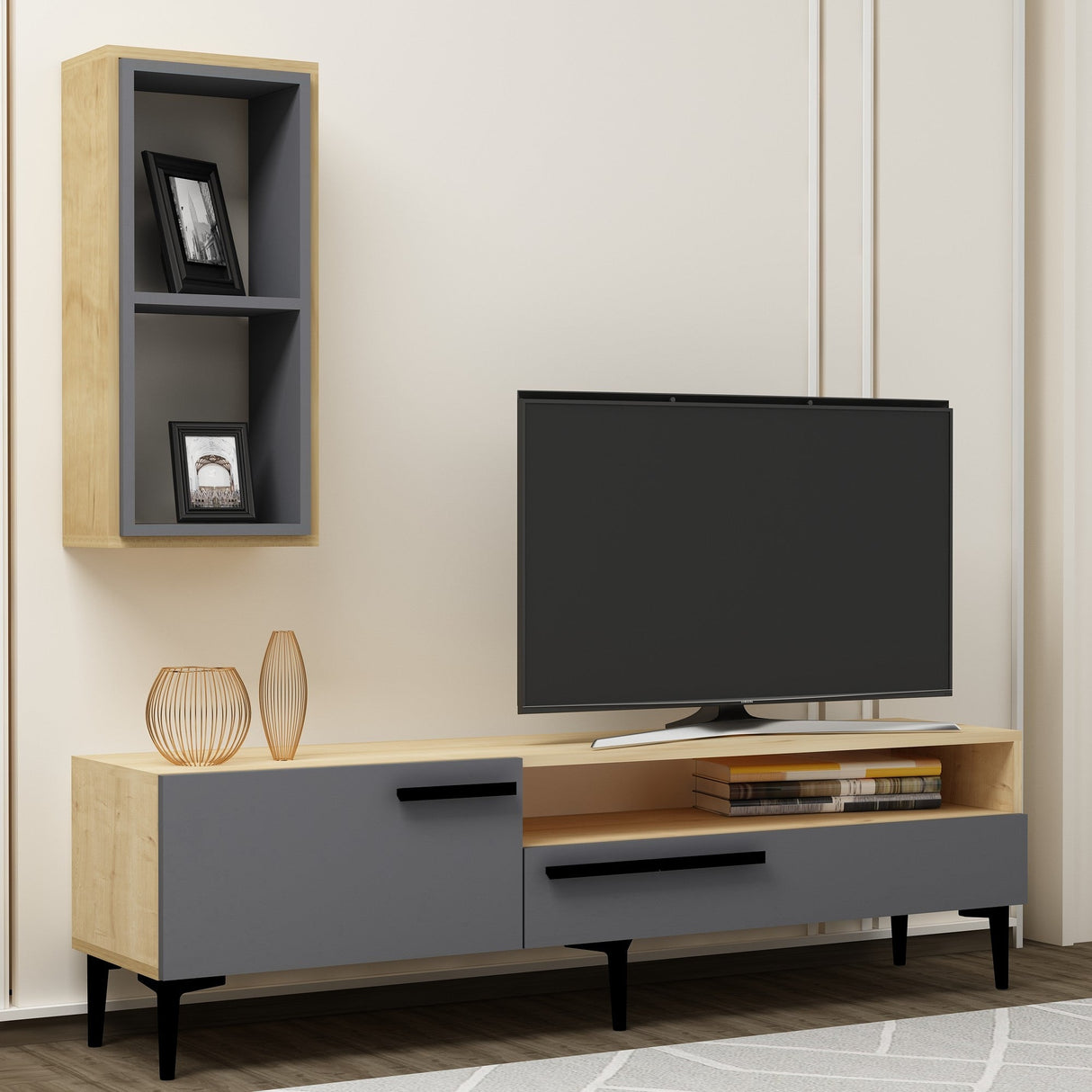 Comodă TV Zera, Diverse culori, 150x35x50 cm - Stejar safir - Antracit | SKU: 475OLV1466 | Comodă TV Zera, 150x35x50 cm, varianta Stejar safir - Antracit, produs pentru amenajarea locuinței, disponibil online în România la CasaMob