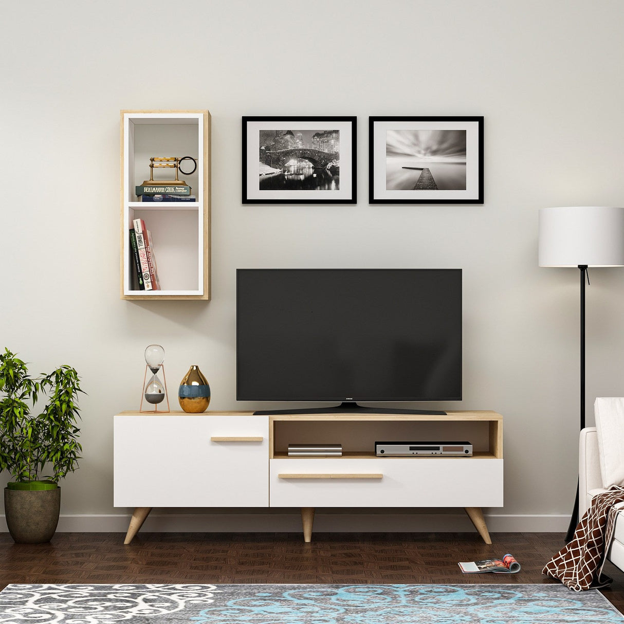 Comodă TV Zera, Diverse culori, 150x35x50 cm - Stejar safir - Alb | SKU: 475OLV1467 | Comodă TV Zera, 150x35x50 cm, varianta Stejar safir - Alb, produs pentru amenajarea locuinței, disponibil online în România la CasaMob