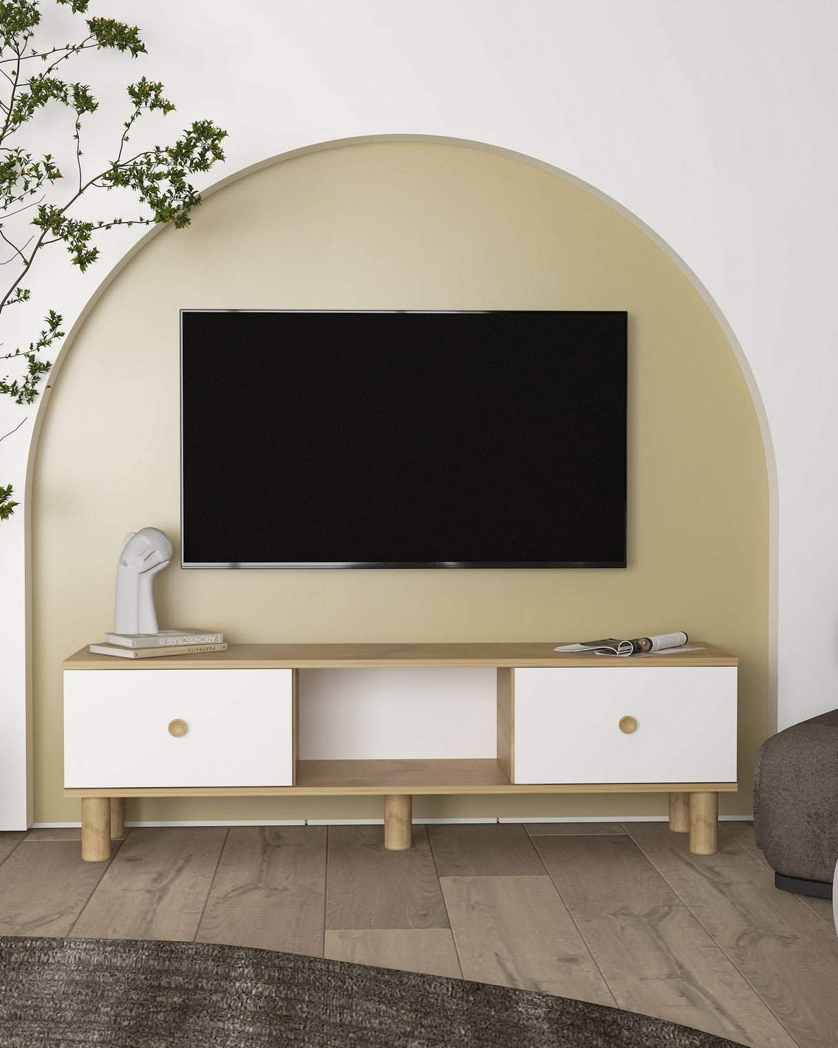 Comodă TV Mono, Diverse culori, 150x30x41 cm - Stejar safir - Alb | SKU: 475OLV1476 | Comodă TV Mono, 150x30x41 cm, varianta Stejar safir - Alb, produs pentru amenajarea locuinței, disponibil online în România la CasaMob