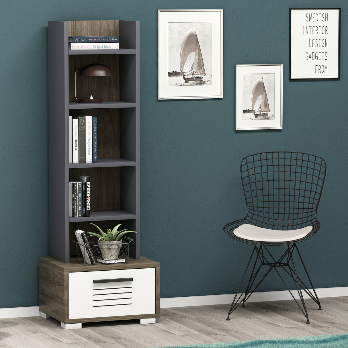 Bibliotecă Dawn, Diverse culori, 35x26x152 cm - Nuc - Alb - Antracit | SKU: 475OLV2110 | Bibliotecă Dawn, 35x26x152 cm, varianta Nuc - Alb - Antracit, produs pentru amenajarea locuinței, disponibil online în România la CasaMob