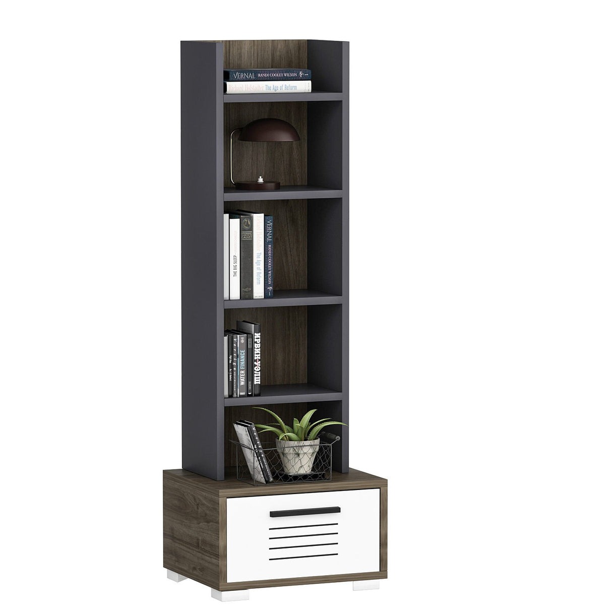 Bibliotecă Dawn, Diverse culori, 35x26x152 cm - Nuc - Alb - Antracit | SKU: 475OLV2110 | Bibliotecă Dawn, 35x26x152 cm, varianta Nuc - Alb - Antracit, produs pentru amenajarea locuinței, disponibil online în România la CasaMob