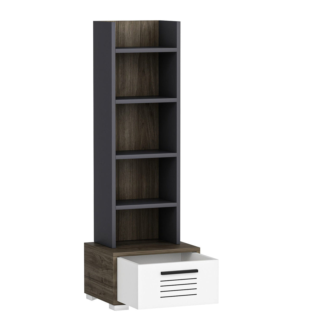 Bibliotecă Dawn, Diverse culori, 35x26x152 cm - Nuc - Alb - Antracit | SKU: 475OLV2110 | Bibliotecă Dawn, 35x26x152 cm, varianta Nuc - Alb - Antracit, produs pentru amenajarea locuinței, disponibil online în România la CasaMob