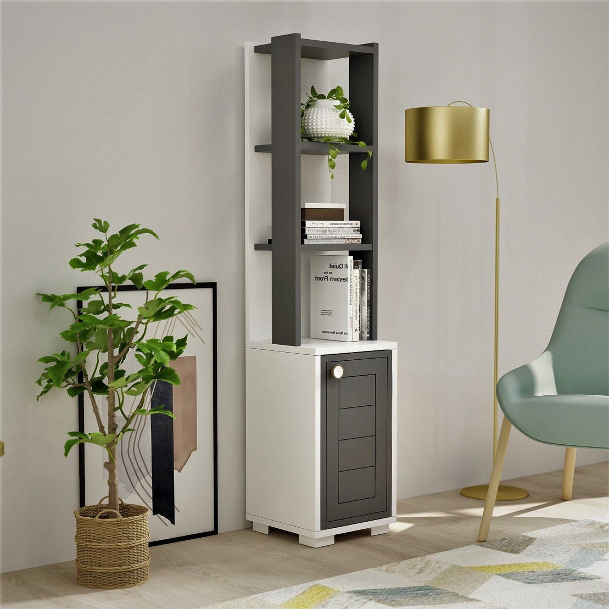 Bibliotecă Anka, Diverse culori, 30x22x135 cm - Alb - Antracit | SKU: 475OLV2112 | Bibliotecă Anka, 30x22x135 cm, varianta Alb - Antracit, produs pentru amenajarea locuinței, disponibil online în România la CasaMob