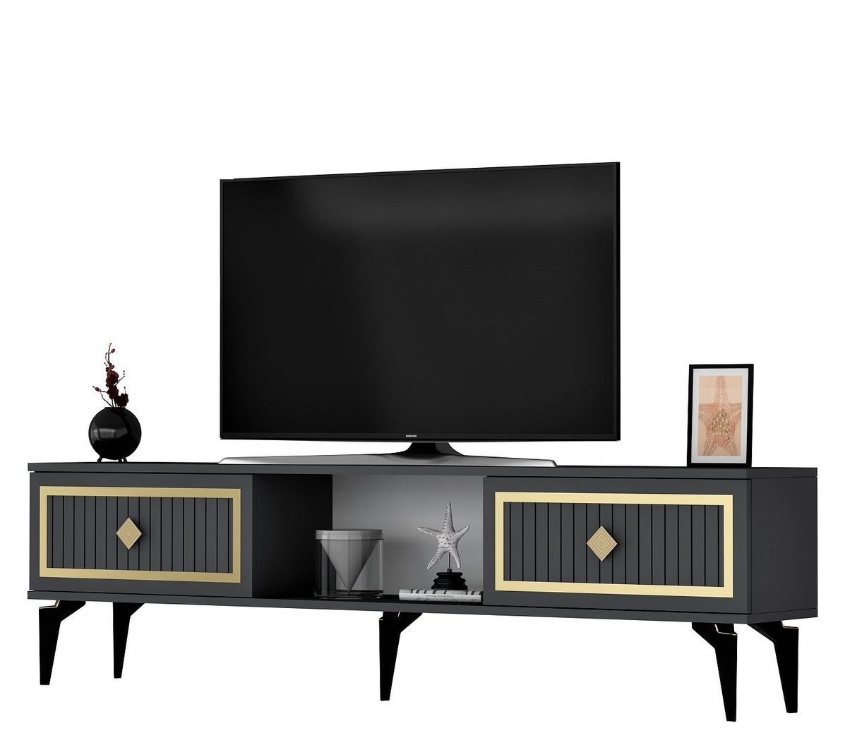 Comodă TV Nil, Diverse culori, 150x30x45 cm - Antracit - Auriu | SKU: 475OLV2637 | Comodă TV Nil, 150x30x45 cm, varianta Antracit - Auriu, produs pentru amenajarea locuinței, disponibil online în România la CasaMob