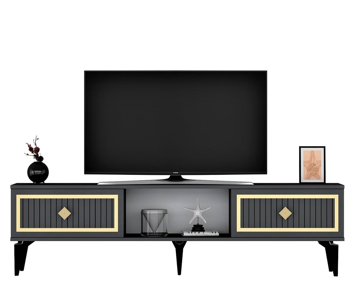 Comodă TV Nil, Diverse culori, 150x30x45 cm - Antracit - Auriu | SKU: 475OLV2637 | Comodă TV Nil, 150x30x45 cm, varianta Antracit - Auriu, produs pentru amenajarea locuinței, disponibil online în România la CasaMob