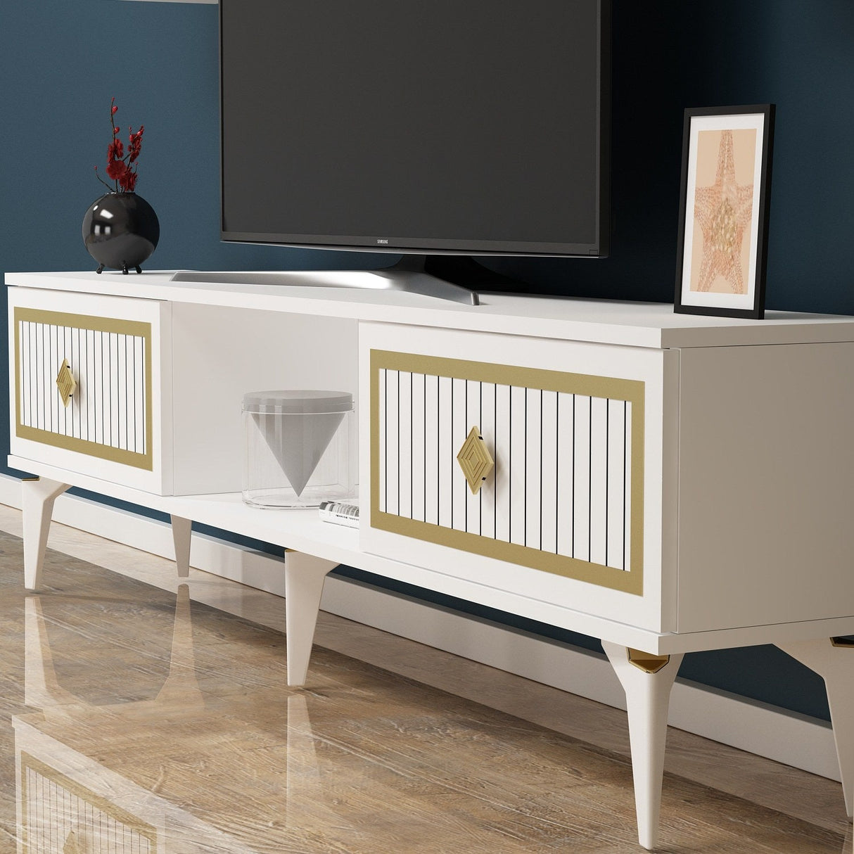 Comodă TV Nil, Diverse culori, 150x30x45 cm - Alb - Auriu | SKU: 475OLV2639 | Comodă TV Nil, 150x30x45 cm, varianta Alb - Auriu, produs pentru amenajarea locuinței, disponibil online în România la CasaMob