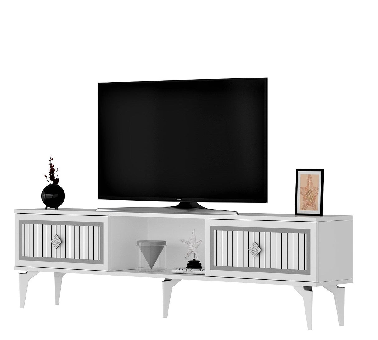 Comodă TV Nil, Diverse culori, 150x30x45 cm - Alb - Argintiu | SKU: 475OLV2640 | Comodă TV Nil, 150x30x45 cm, varianta Alb - Argintiu, produs pentru amenajarea locuinței, disponibil online în România la CasaMob