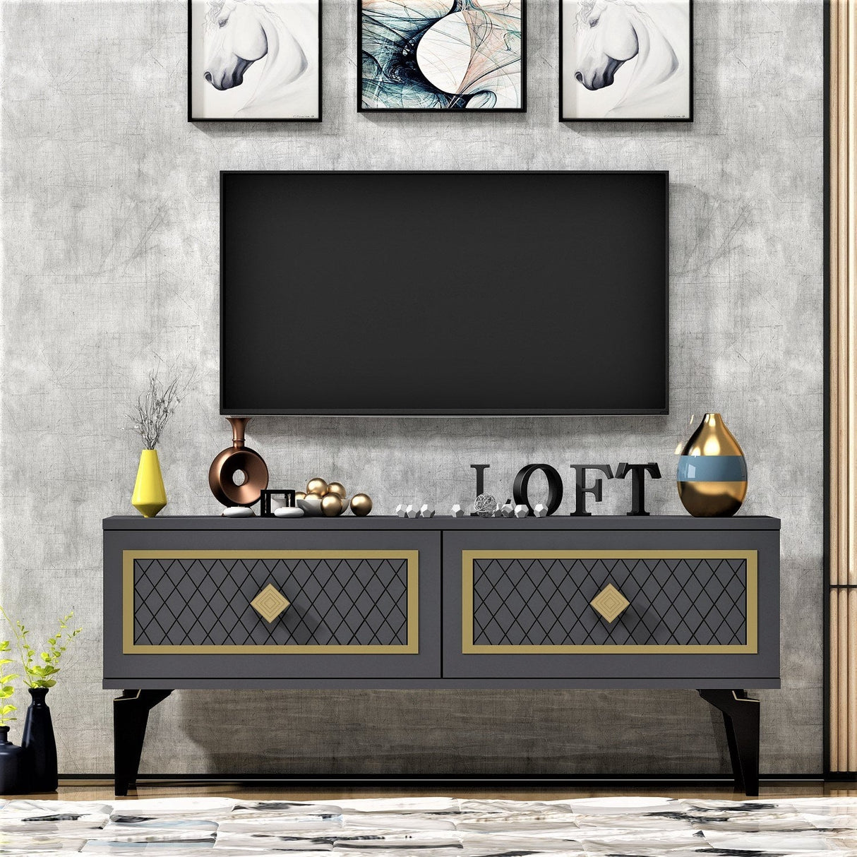 Comodă TV Arel, Diverse culori - Antracit - Auriu | SKU: 475OLV2645 | Comodă TV Arel, varianta Antracit - Auriu, produs pentru amenajarea locuinței, disponibil online în România la CasaMob