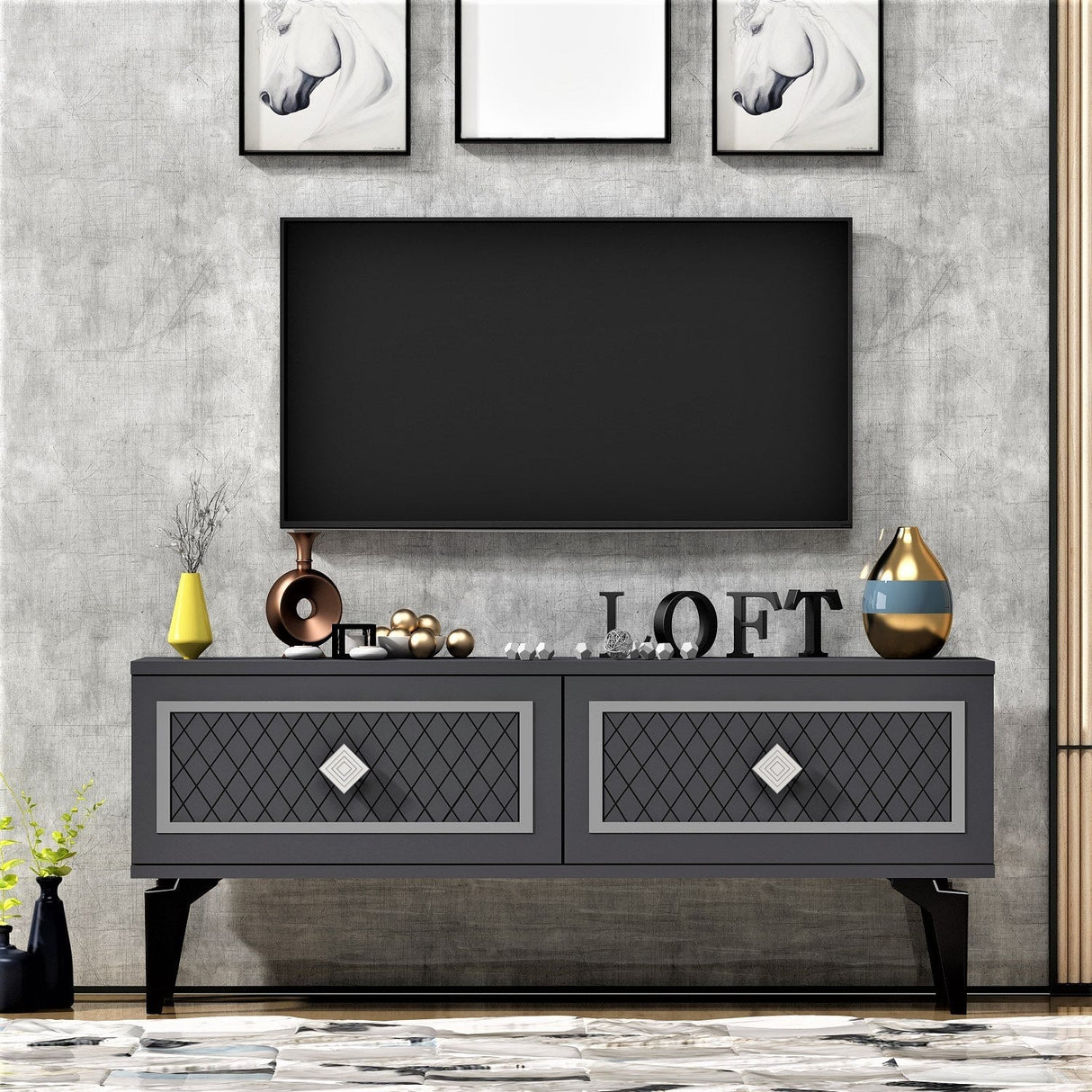 Comodă TV Arel, Diverse culori - Antracit - Argintiu | SKU: 475OLV2646 | Comodă TV Arel, varianta Antracit - Argintiu, produs pentru amenajarea locuinței, disponibil online în România la CasaMob