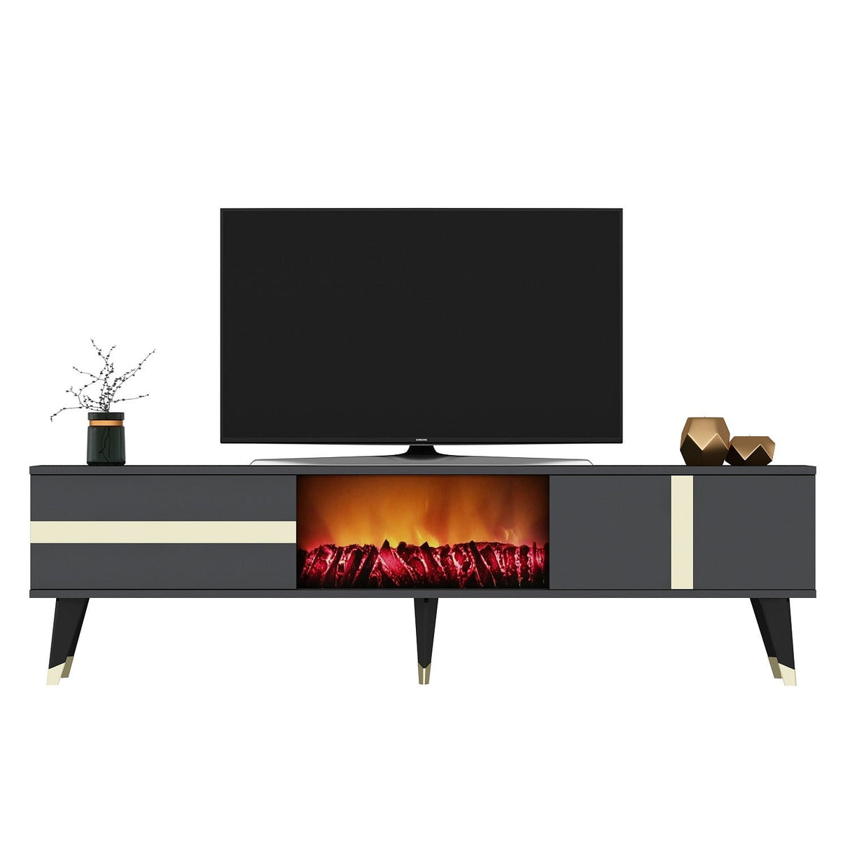 Comodă TV Vania Fireplace, Diverse culori, 150x30x50 cm - Antracit - Auriu | SKU: 475OLV2651 | Comodă TV Vania Fireplace, 150x30x50 cm, varianta Antracit - Auriu, produs pentru amenajarea locuinței, disponibil online în România la CasaMob