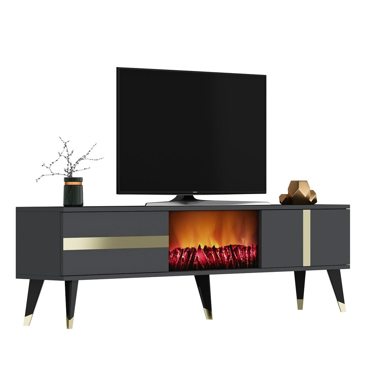 Comodă TV Vania Fireplace, Diverse culori, 150x30x50 cm - Antracit - Auriu | SKU: 475OLV2651 | Comodă TV Vania Fireplace, 150x30x50 cm, varianta Antracit - Auriu, produs pentru amenajarea locuinței, disponibil online în România la CasaMob