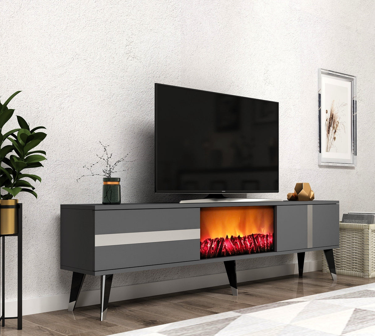 Comodă TV Vania Fireplace, Diverse culori, 150x30x50 cm - Antracit - Argintiu | SKU: 475OLV2652 | Comodă TV Vania Fireplace, 150x30x50 cm, varianta Antracit - Argintiu, produs pentru amenajarea locuinței, disponibil online în România la CasaMob