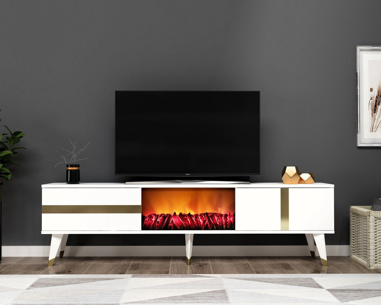Comodă TV Vania Fireplace, Diverse culori, 150x30x50 cm - Alb - Auriu | SKU: 475OLV2653 | Comodă TV Vania Fireplace, 150x30x50 cm, varianta Alb - Auriu, produs pentru amenajarea locuinței, disponibil online în România la CasaMob