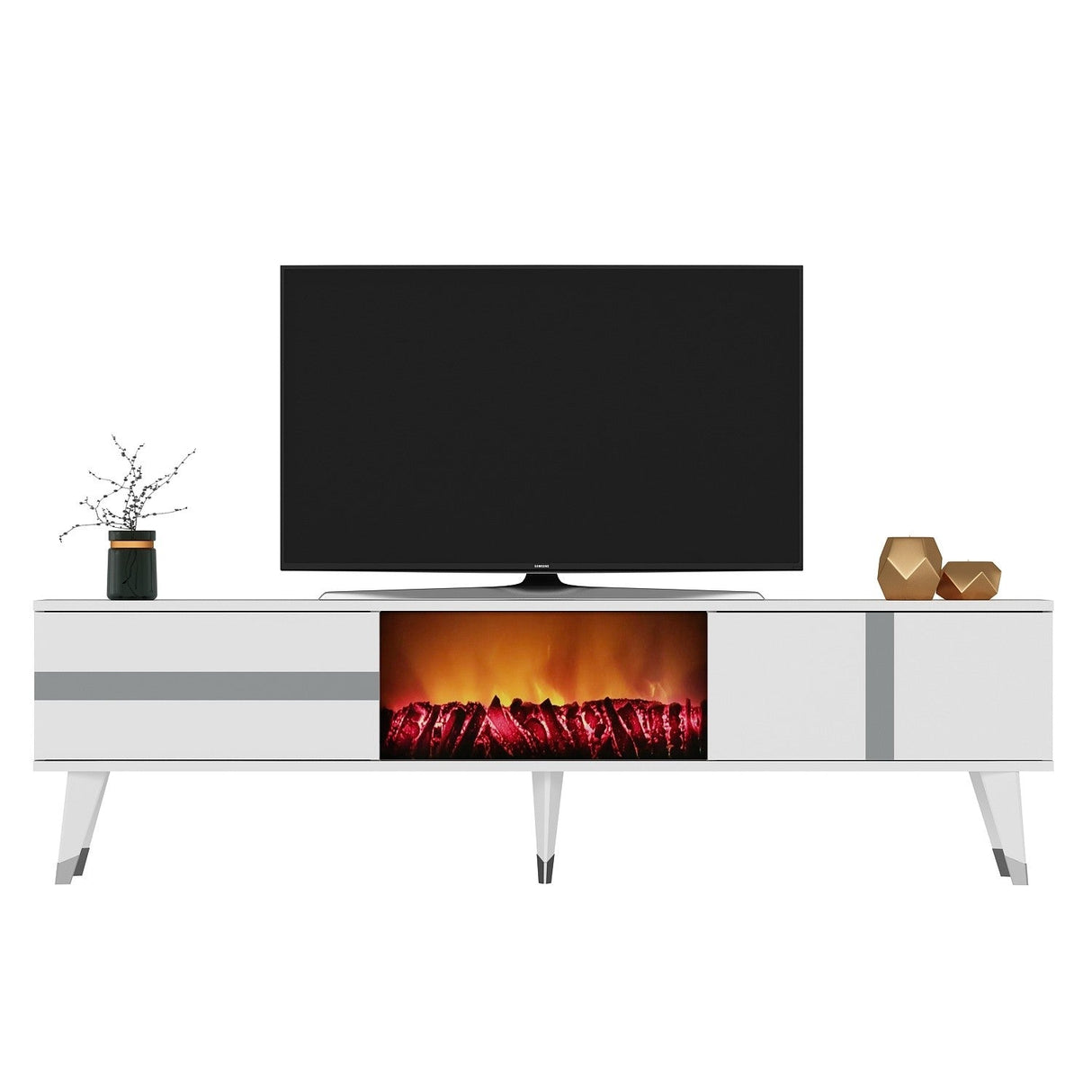 Comodă TV Vania Fireplace, Diverse culori, 150x30x50 cm - Alb - Argintiu | SKU: 475OLV2654 | Comodă TV Vania Fireplace, 150x30x50 cm, varianta Alb - Argintiu, produs pentru amenajarea locuinței, disponibil online în România la CasaMob