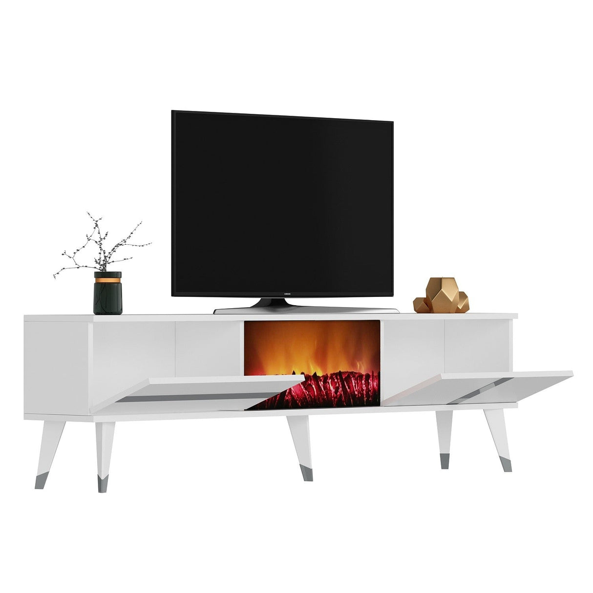 Comodă TV Vania Fireplace, Diverse culori, 150x30x50 cm - Alb - Argintiu | SKU: 475OLV2654 | Comodă TV Vania Fireplace, 150x30x50 cm, varianta Alb - Argintiu, produs pentru amenajarea locuinței, disponibil online în România la CasaMob