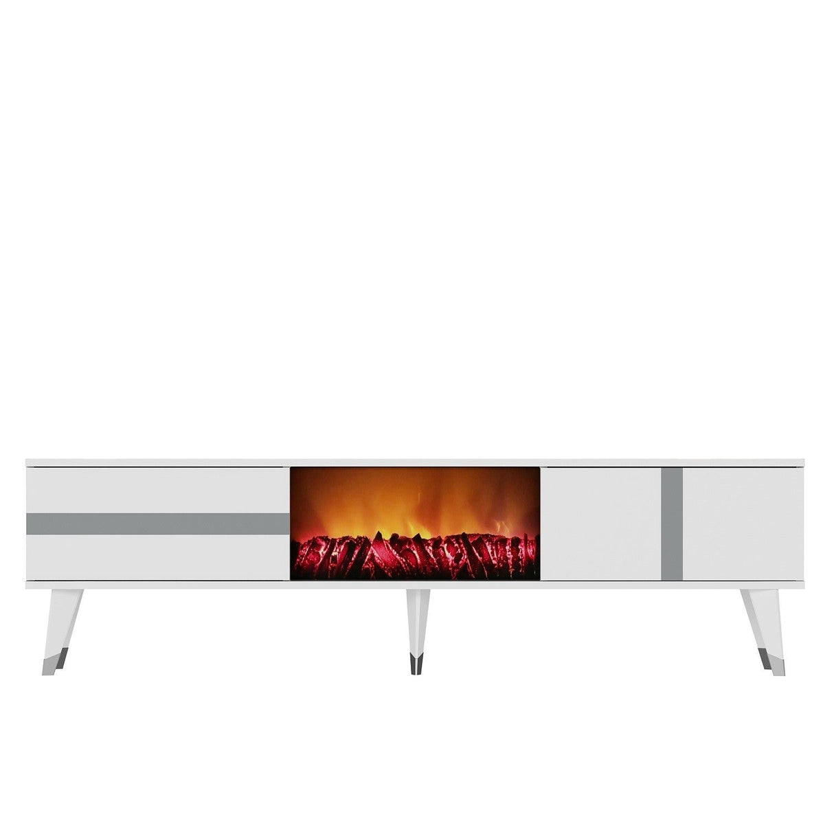 Comodă TV Vania Fireplace, Diverse culori, 150x30x50 cm - Alb - Argintiu | SKU: 475OLV2654 | Comodă TV Vania Fireplace, 150x30x50 cm, varianta Alb - Argintiu, produs pentru amenajarea locuinței, disponibil online în România la CasaMob