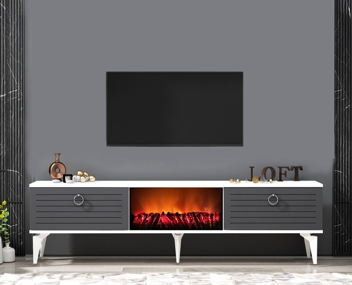 Comodă TV Arona Fireplace, Diverse culori, 150x30x45 cm - Alb - Antracit | SKU: 475OLV2660 | Comodă TV Arona Fireplace, 150x30x45 cm, varianta Alb - Antracit, produs pentru amenajarea locuinței, disponibil online în România la CasaMob