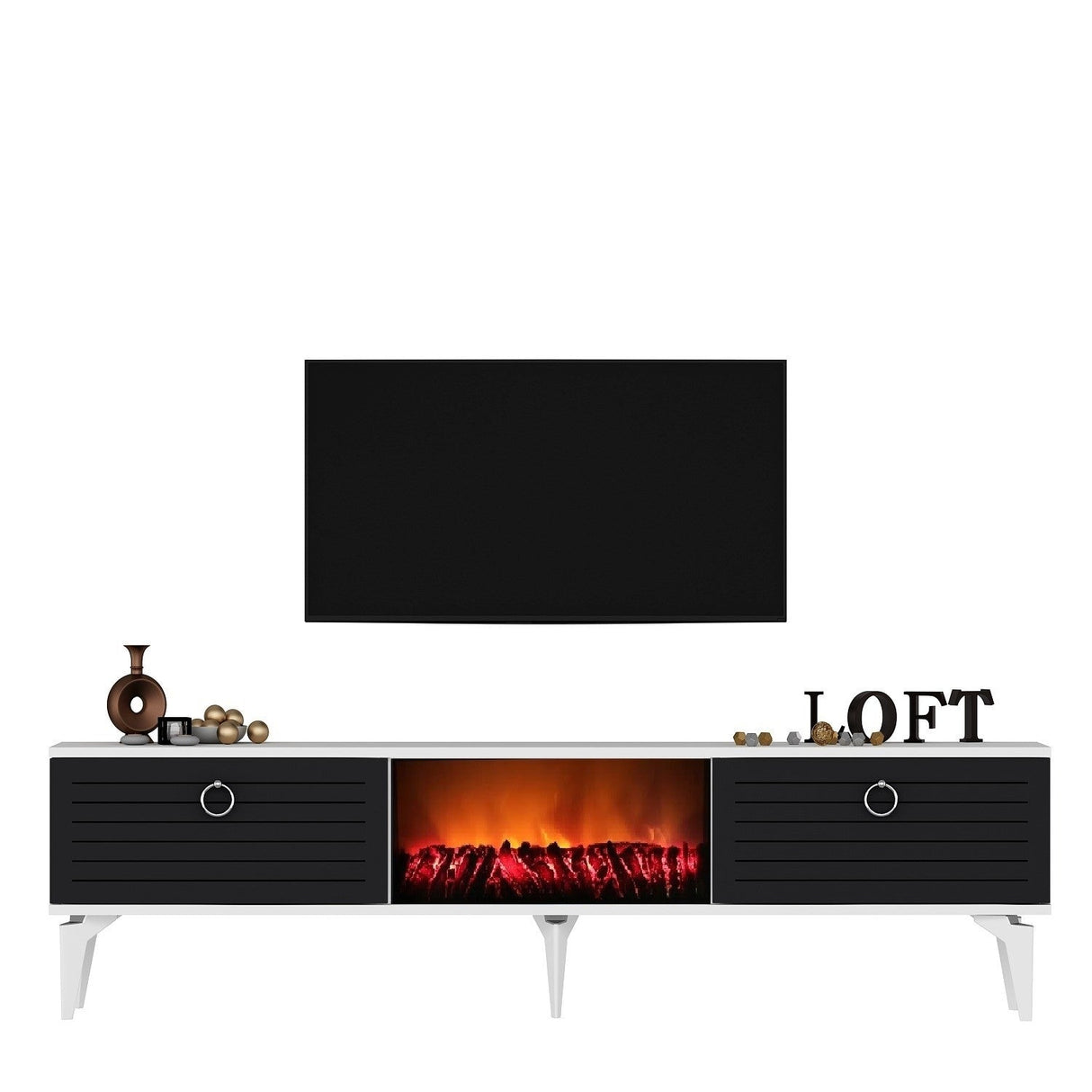 Comodă TV Arona Fireplace, Diverse culori, 150x30x45 cm - Alb - Antracit | SKU: 475OLV2660 | Comodă TV Arona Fireplace, 150x30x45 cm, varianta Alb - Antracit, produs pentru amenajarea locuinței, disponibil online în România la CasaMob
