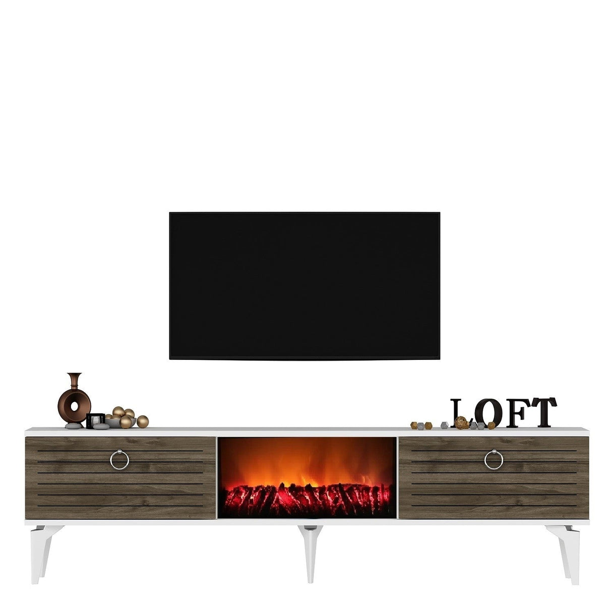 Comodă TV Arona Fireplace, Diverse culori, 150x30x45 cm - Alb - Nuc | SKU: 475OLV2661 | Comodă TV Arona Fireplace, 150x30x45 cm, varianta Alb - Nuc, produs pentru amenajarea locuinței, disponibil online în România la CasaMob